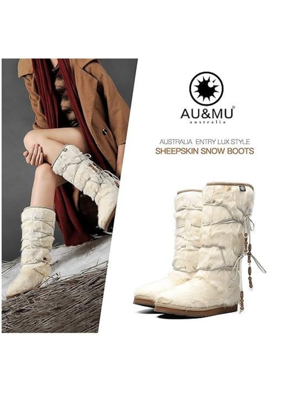 AU&MU Australia Sheepskin Shearling Fur Snow Boots White (6)